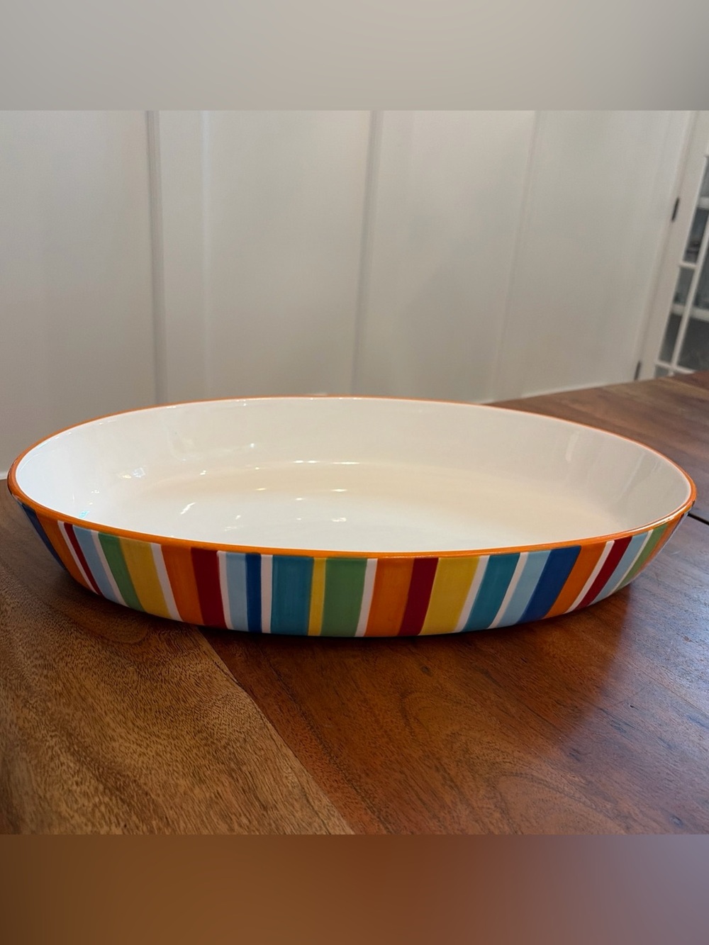 Crate & Barrel Raya Large Oval Serving Bowl Ceramic Multicolor Stripe Retired